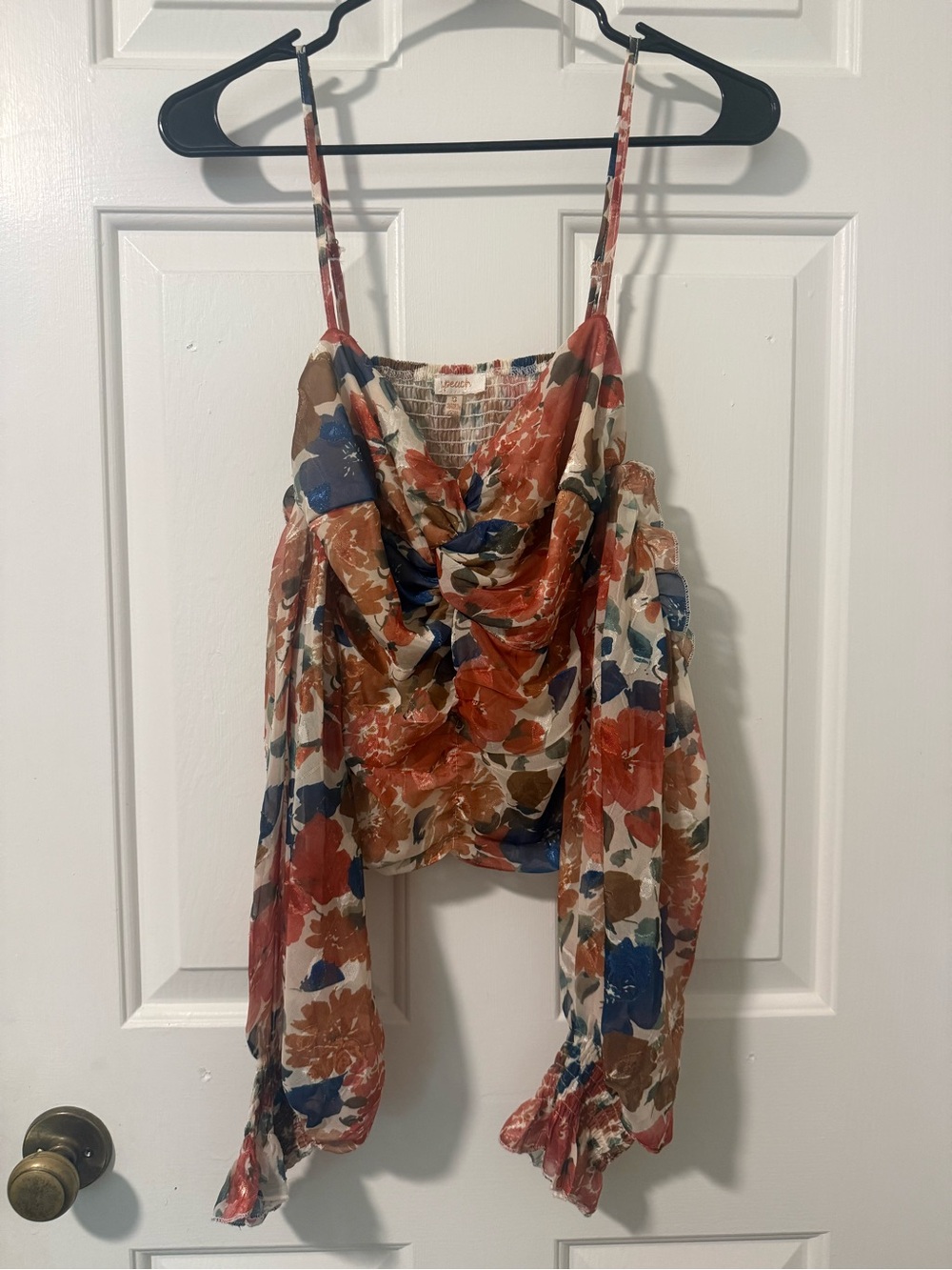 Floral Draped Cowl Women's Blouse in Rust, Blue & Cream